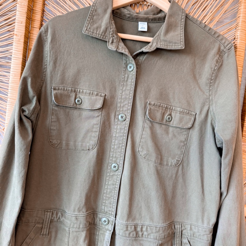 Old Navy Olive Green Coverall Overalls SZ L Jumpsuit Front Buttons Casual - Picture 2 of 5